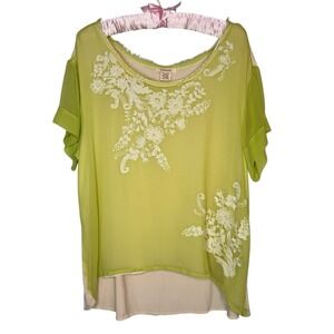 Sundance Shirt Womens Large Green Silk Sheer Embroidered Boho Short Sleeve Lined